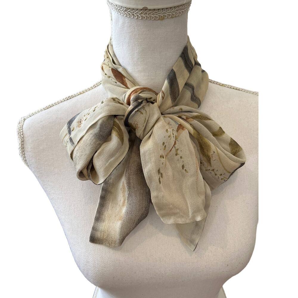 Doncaster Silk Chiffon Botanical Floral Print Rectangular Scarf Cream
